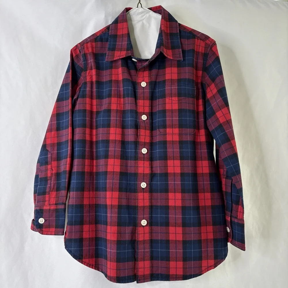 Gap Kids Boys Small Long Sleeve Button‎ Down Shirt Plaid Red Blue Holiday